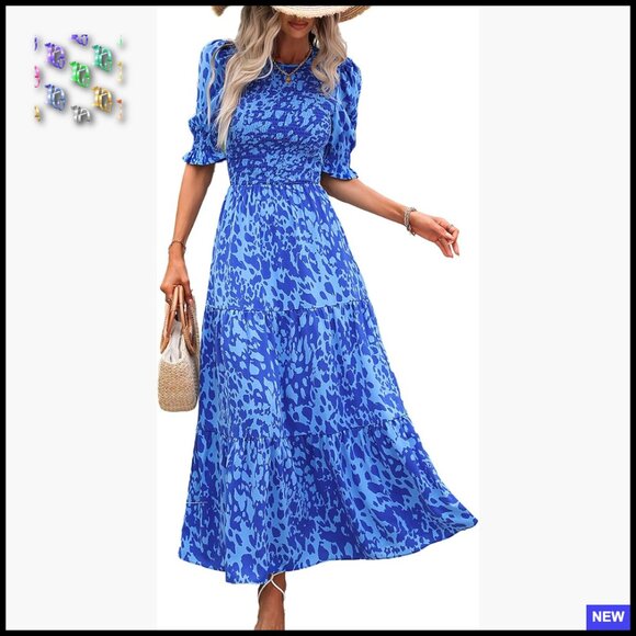 Boho Maxi Dress Flowy Tiered Ruffle Sleeve Smocked Bodice Summer Casual